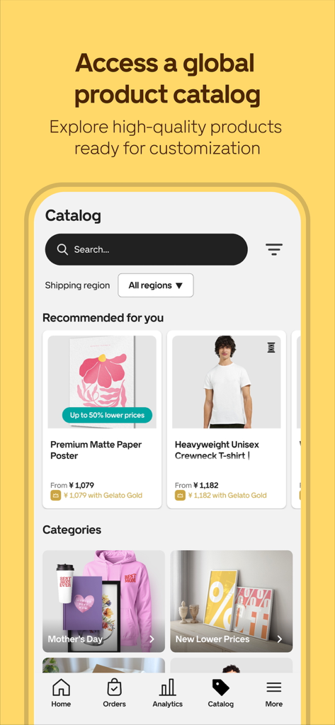 O catálogo de produtos do aplicativo Gelato exibindo pôsteres e camisetas personalizáveis para negócios de impressão sob demanda.