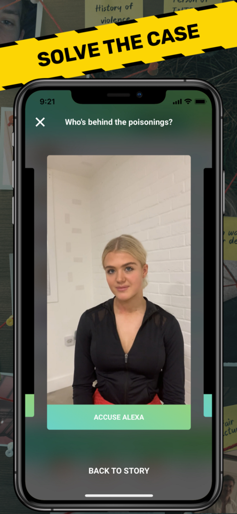 In-game screenshot of Suspects Mobile Detective showing the option to accuse a suspect named Alexa