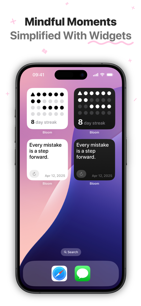 Reflect & Journal - Bloom - IPhone home screen showing Bloom app widgets for daily streaks and motivational quotes