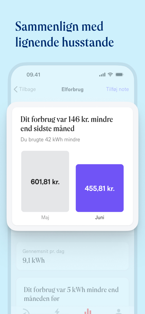 Norlys app screen showing a monthly electricity cost comparison and savings between May and June