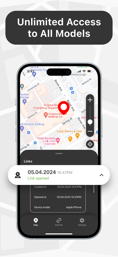 Phone Tracker - GPS Location. - 지도와 위치 핀이 있는 위치 추적 앱을 보여주는 스마트폰 화면