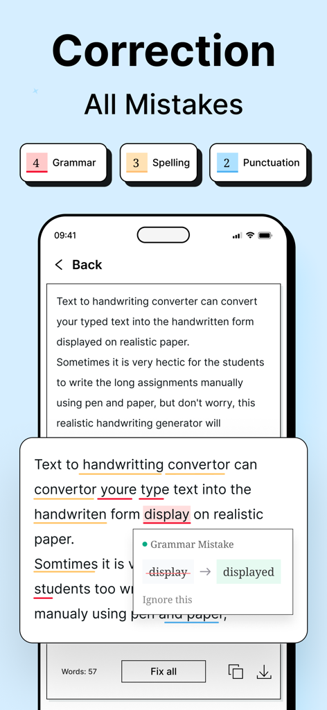 Grammar Check Ai app screen showing grammar, spelling, and punctuation error highlights and a correction suggestion.