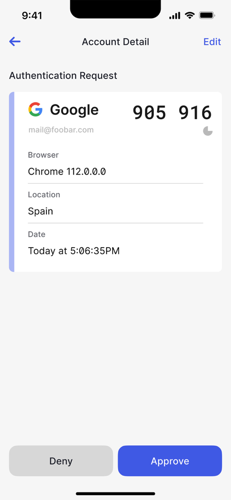 Auth0 Guardian - Auth0 Guardian mobile app interface showing an authentication request for a Google account with login details and approve or deny buttons