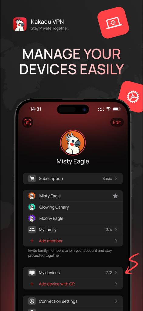 Kakadu VPN app interface showing family member list and device management options
