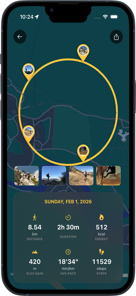 TrailSnap: Hike, Bike & Walk - TrailSnap app interface displaying a map with photo pins along a route and a summary of hiking statistics including distance, elevation gain, and duration.