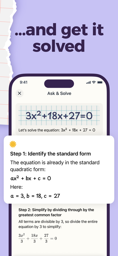 Eureka: Fast Math Solver - Eureka app providing a detailed step by step solution for a quadratic math equation