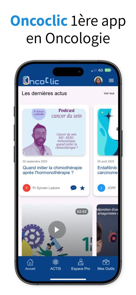 OncoClic mobile app home screen showing the latest oncology news and medical podcasts