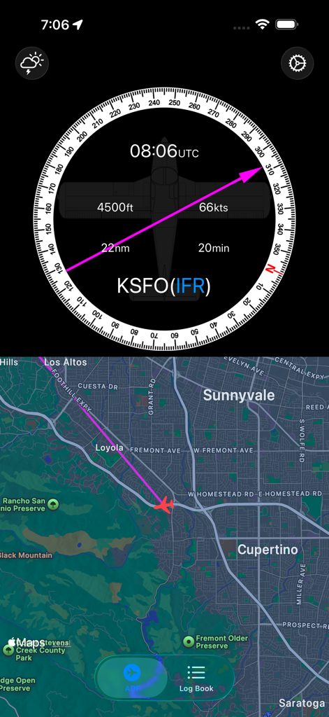 Interfaccia dell'app Direct To che mostra una bussola di navigazione di volo con dati di altitudine e velocità sopra una mappa di tracciamento live di Sunnyvale