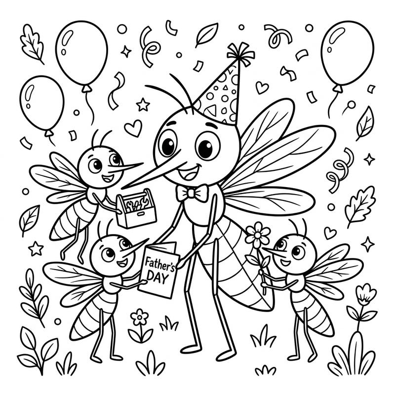 Get ready for a hilariously heartwarming Father's Day with this unique coloring page featuring a mosquito dad and his adoring bug kids. It's the perfect way to add a buzz of creativity to your celebrations!