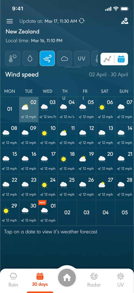 Une vue calendrier mensuel dans l'application météo montrant la vitesse du vent quotidienne et les conditions météorologiques pour la Nouvelle-Zélande.