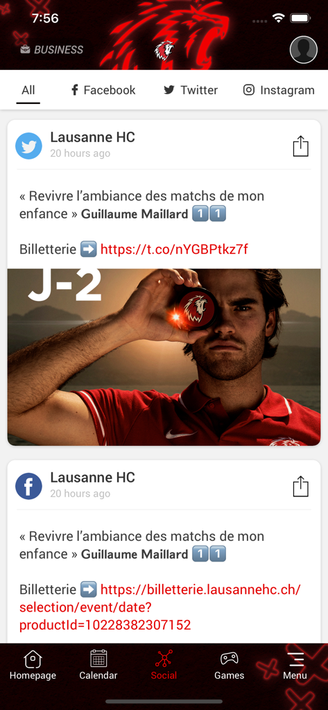 Lausanne HC - Feed social dell'app Lausanne HC che mostra notizie del club e aggiornamenti social ufficiali.