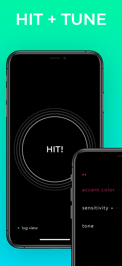 An iPhone screen showing the hit and tune interface of the drum tuner EZ app