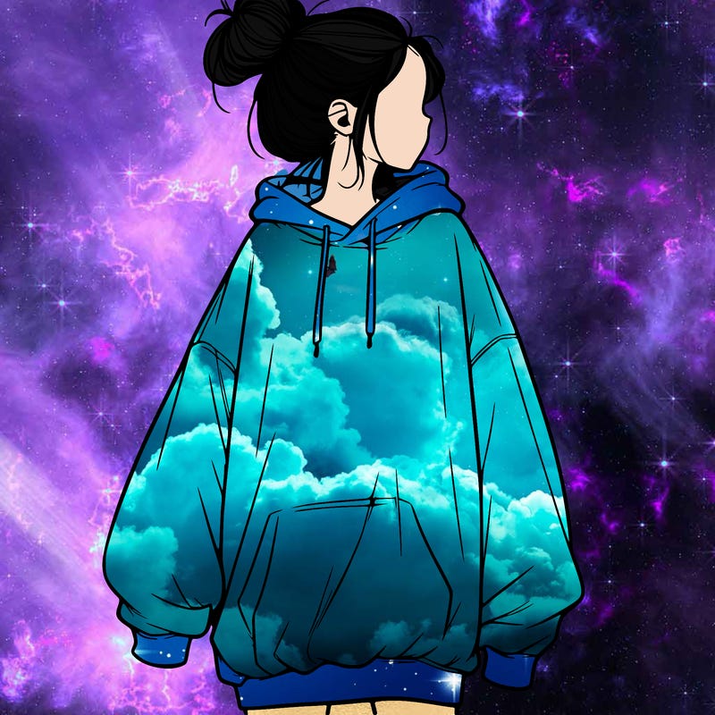 realistic girl with a oversized sweatshirt on and a bun