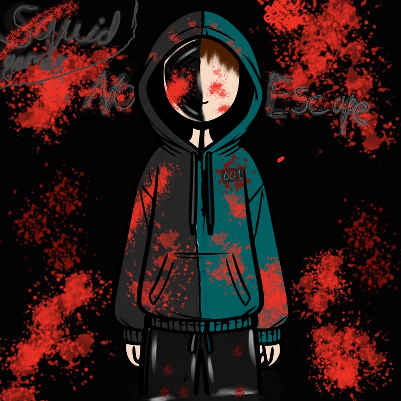 faceless girl in a tracksuit with a hood on and no hair