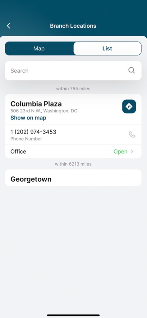 PAHO WHO Federal Credit Union - PAHO WHO Federal Credit Union app screen showing a list of branch locations including Columbia Plaza in Washington DC
