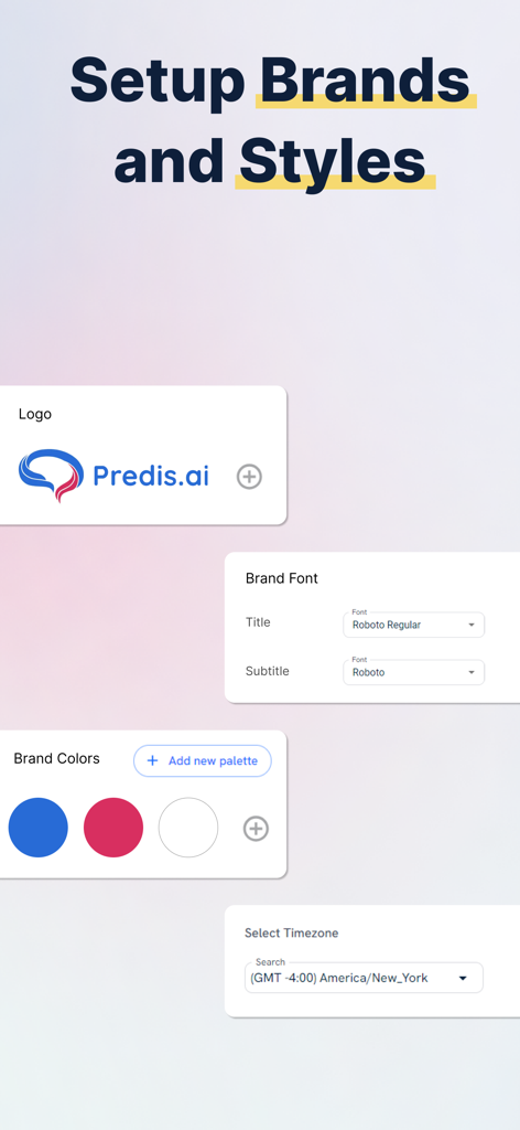 Interface for setting up brand logo fonts and colors in the Predis AI app