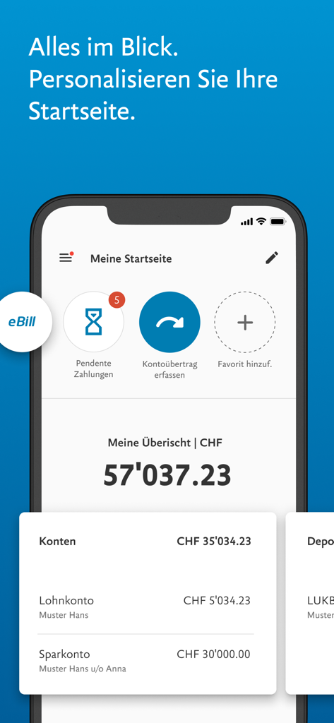 LUKB E-Banking app home screen showing account balances and personalized quick action shortcuts