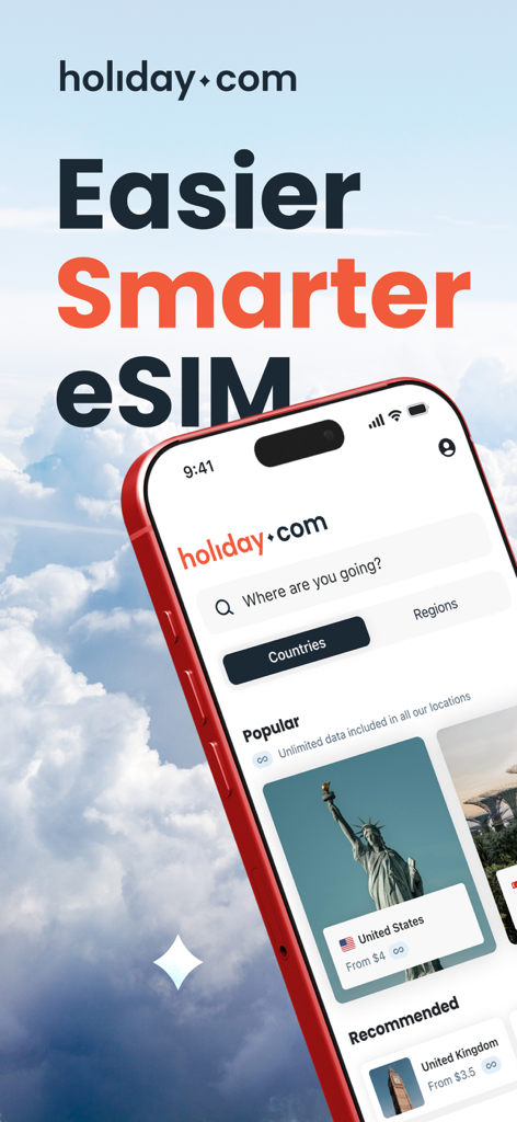 Aplicación holiday.com en un iPhone mostrando planes de datos de viaje ilimitados para EE. UU. y el Reino Unido