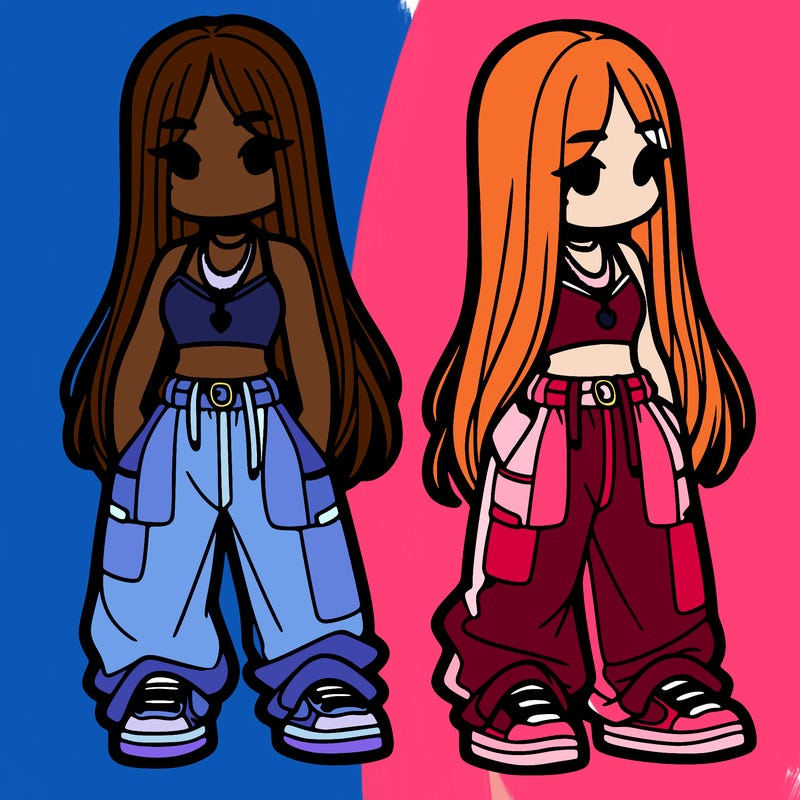 girl in baggy pants crop top and long hair