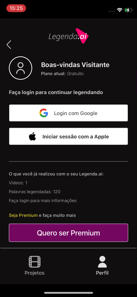 Legenda.ai - Profilseite der Legenda AI-App mit Anmeldeoptionen für Google und Apple sowie einer Schaltfläche für Premium-Abonnements