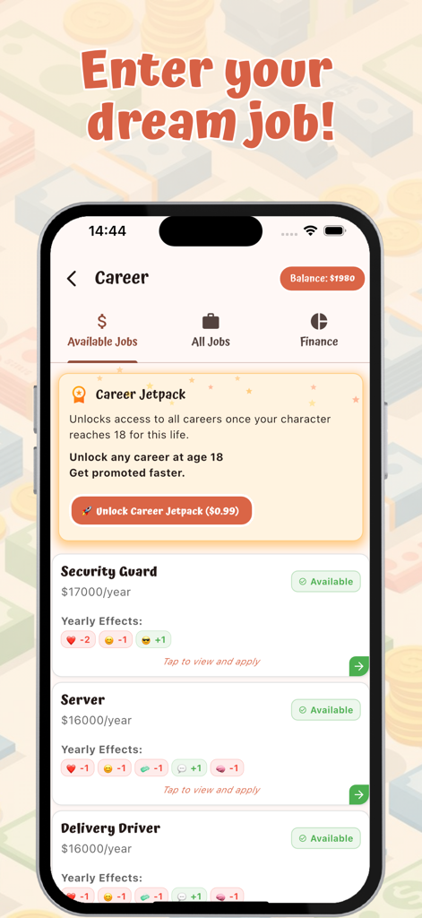 Infinite Life Simulation - Pantalla que muestra opciones de carrera y ofertas de trabajo en la aplicación Simulación de Vida Infinita