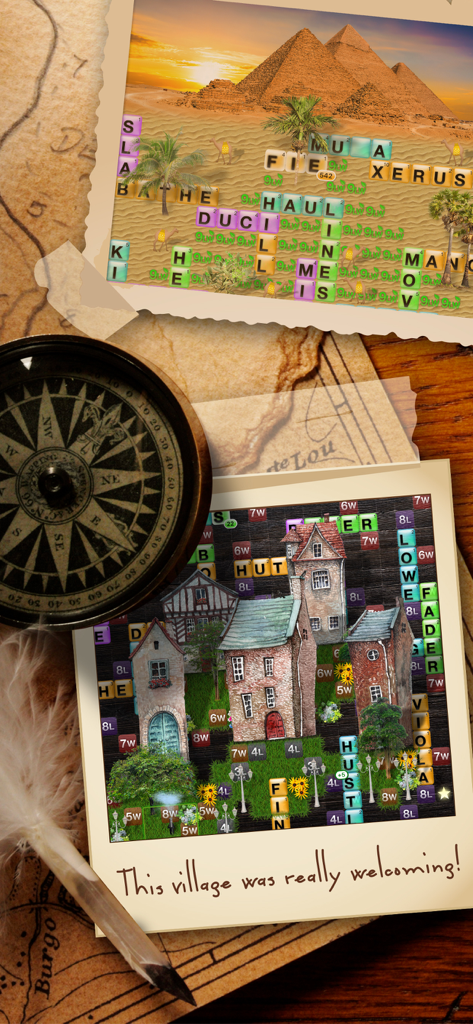 Screenshots of World of Words showing crossword levels with desert and village backgrounds.