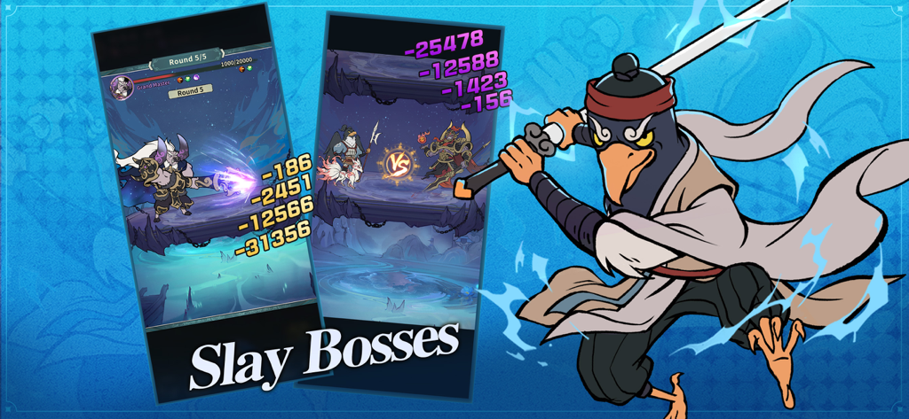 Nobody's Adventure Chop-Chop - Un guerrero pájaro junto a pantallas de juego que muestran batallas contra jefes en Nobodys Adventure Chop-Chop