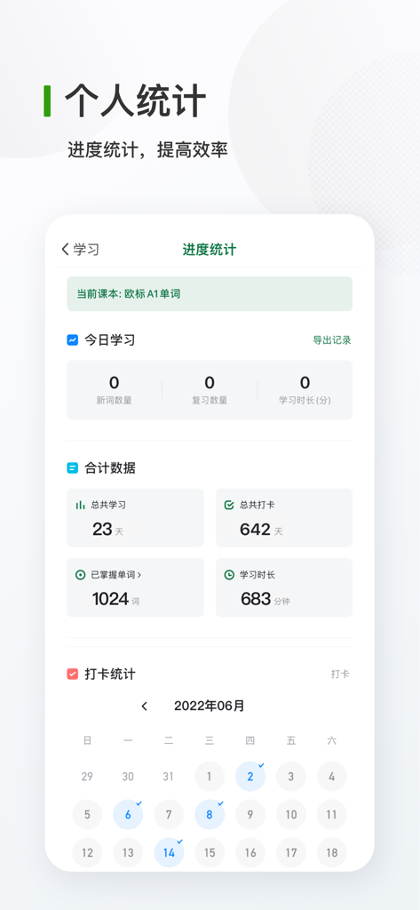 Personal statistics dashboard of a German vocabulary app showing learning progress and study calendar
