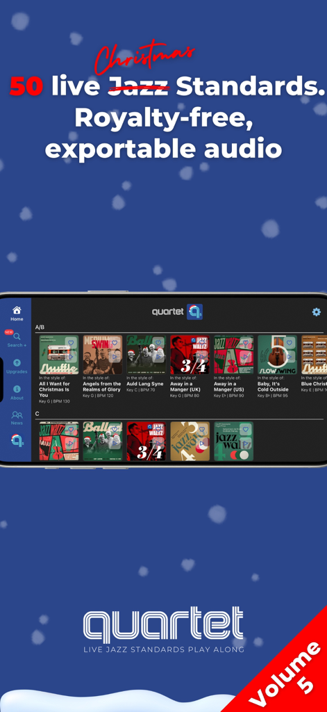 Interfaccia dell'app Quartet 5 Christmas che visualizza una libreria di standard jazz natalizi con cui i musicisti possono suonare.