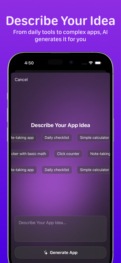 Make-It AI app screen showing an input field and tags to describe a new app idea for AI code generation.