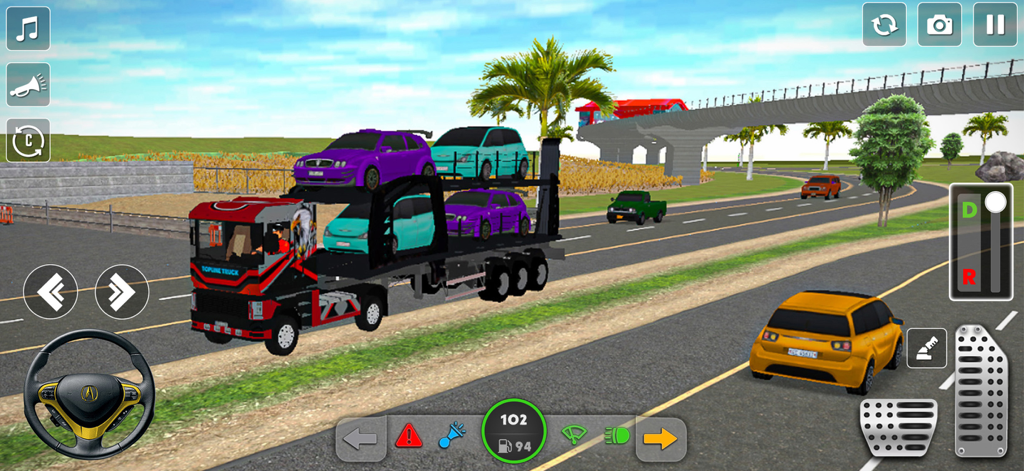 Cargo Truck Games Simulator 3D - A red cargo truck transporting multiple cars on a highway in a 3D driving simulator game