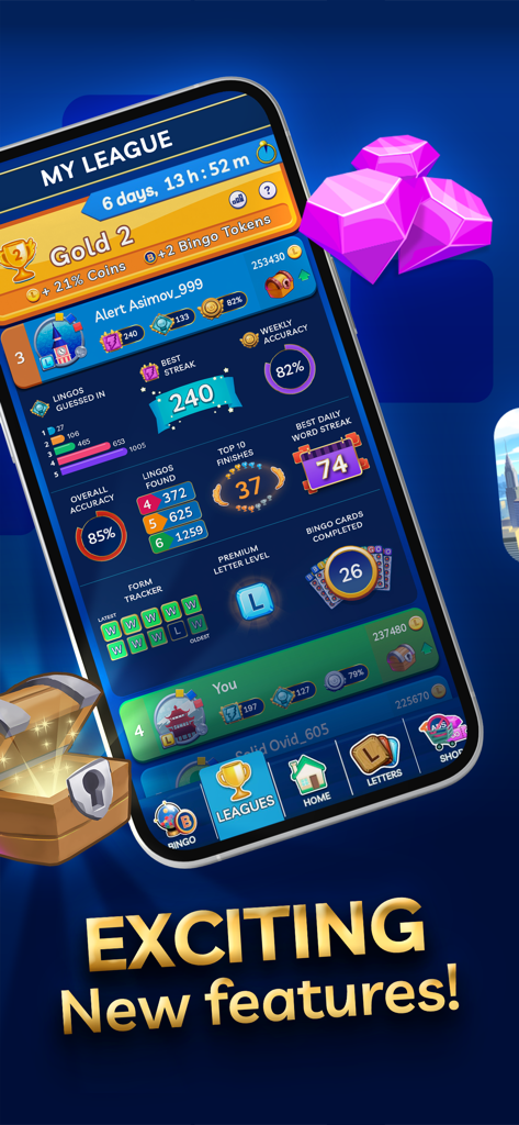 Lingo - official word game - 링고 공식 단어 게임의 플레이어 리그 순위와 게임 성과 통계를 보여주는 휴대폰 화면