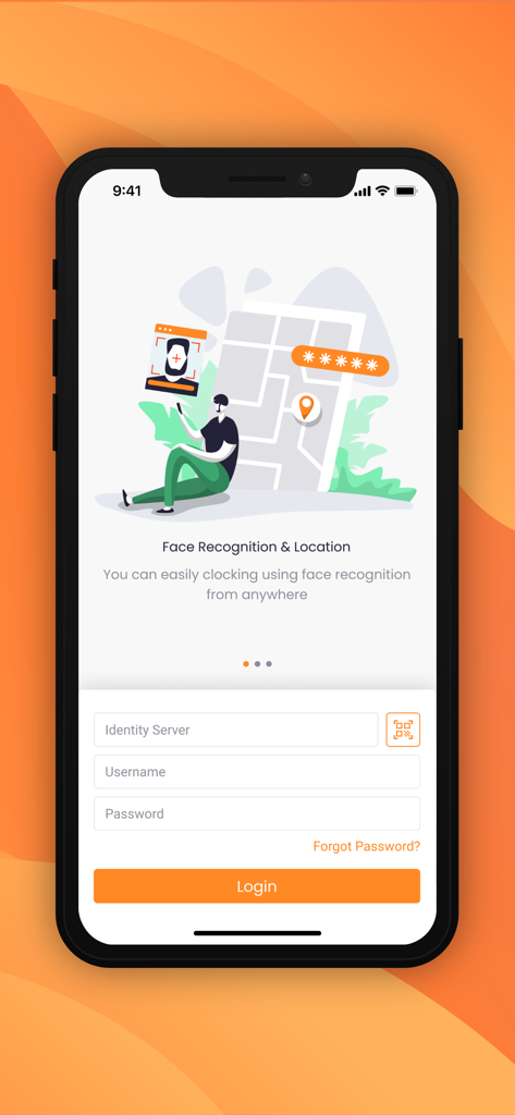 Haermes Mobile 3 login screen showcasing face recognition and location-based clocking features for employees