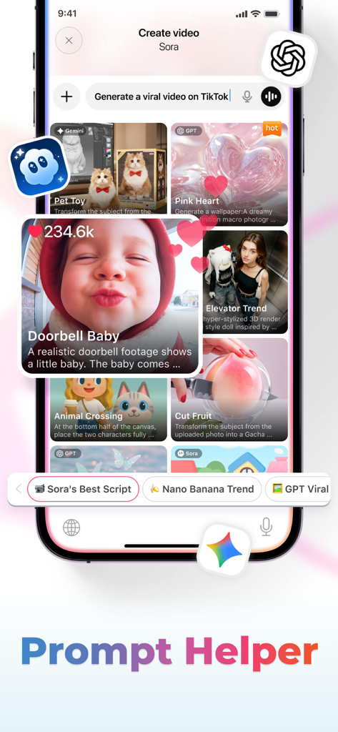 Facemoji AI keyboard interface showing the Prompt Helper feature for generating TikTok videos and social media content.
