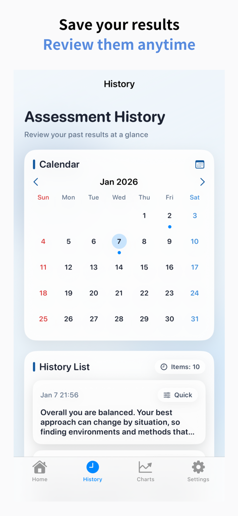 BIG5性格診断アプリの評価履歴画面。カレンダービューと過去の結果リストが表示されています。