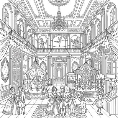 Experience the magic where royal elegance meets vibrant circus thrills in this unique coloring page. Delve into a whimsical scene featuring a grand palace transformed into an unforgettable carnival celebration.
