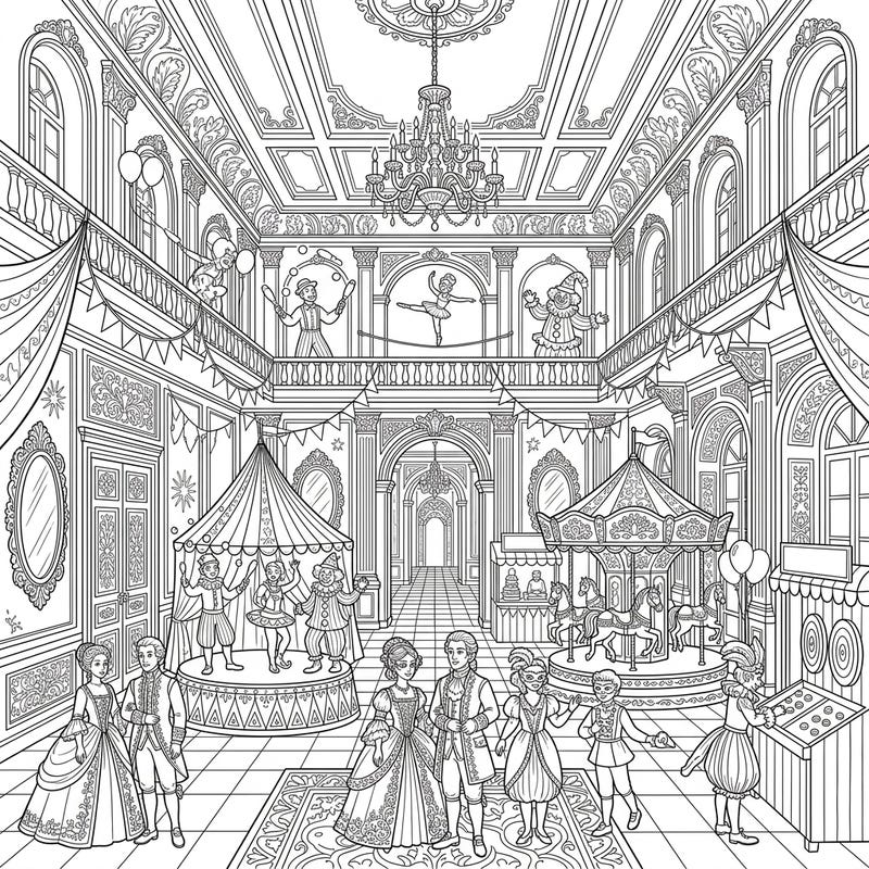 Experience the magic where royal elegance meets vibrant circus thrills in this unique coloring page. Delve into a whimsical scene featuring a grand palace transformed into an unforgettable carnival celebration.