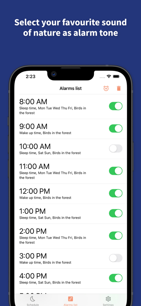 Sleep Cycle - Sleep Calculator - Interfaccia dell'elenco sveglie dell'app Sleep Cycle che mostra opzioni di risveglio con suoni naturali.