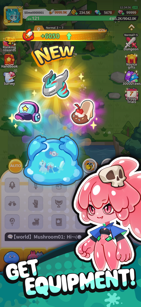 Pew Pew Slime - Idle RPG - Un personaje slime recibiendo nuevo equipo en la interfaz del juego Pew Pew Slime Idle RPG.
