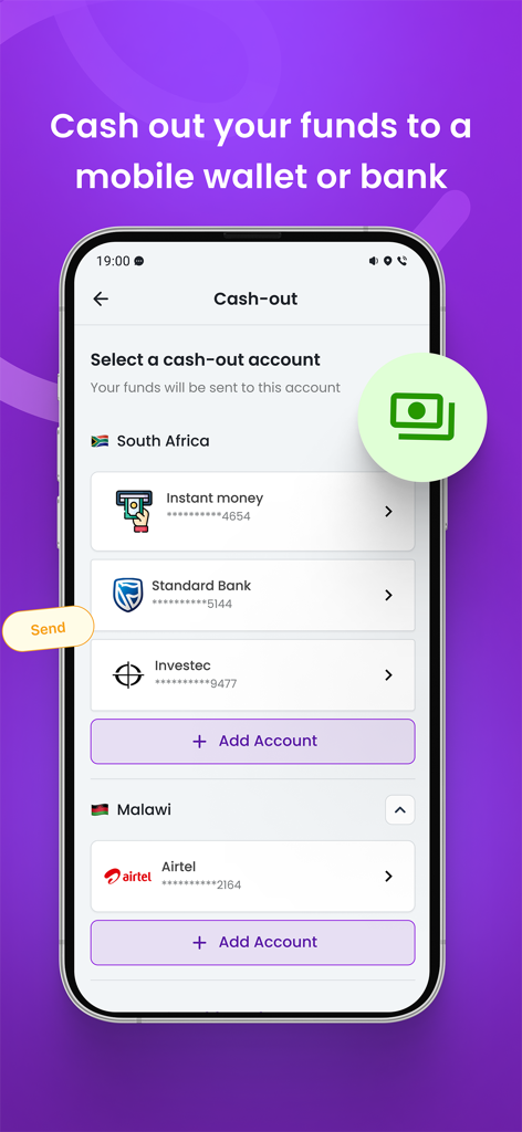 Zeam app interface to cash out funds to mobile wallets or bank accounts