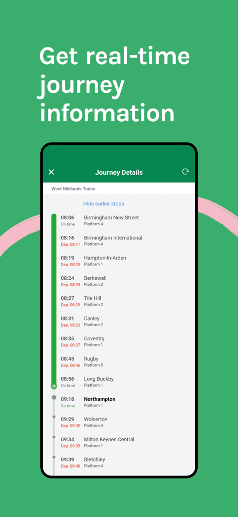 LNR-App-Bildschirm mit Echtzeit-Zugfahrtdetails und Ankunftszeiten für verschiedene Haltestellen im Vereinigten Königreich.