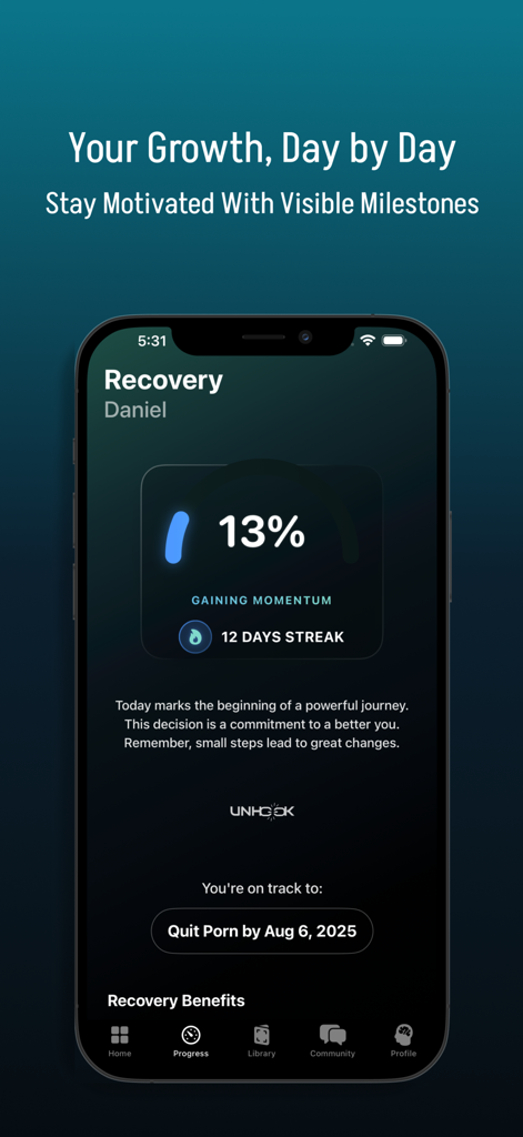 Unhook: Quit Porn & Reboot - Unhook app recovery dashboard showing a 12 day streak and progress toward a goal.