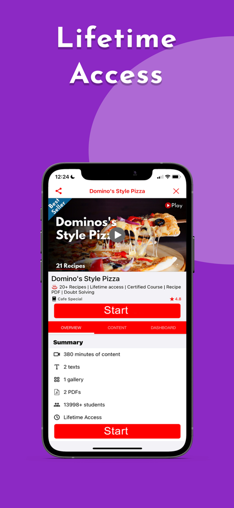 Swad Institute - Swad Institute app interface showing a Domino's Style Pizza course with lifetime access and certification details