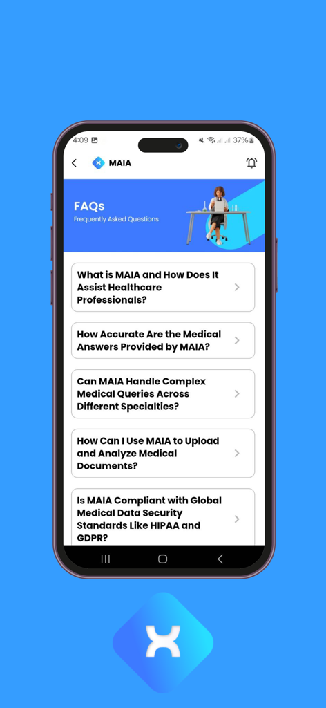 MAIA - Medical AI Assistant - Tela de Perguntas Frequentes do aplicativo MAIA Medical AI Assistant para profissionais de saúde