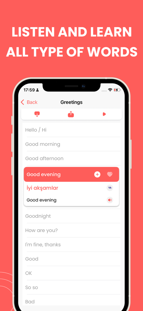 Learn Turkish app showing the greetings category with the phrase Good evening translated