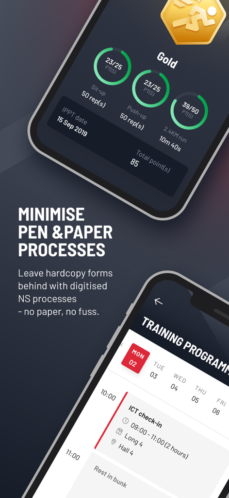 Interface de l'application OneNS montrant les résultats des entraînements physiques IPPT et un calendrier d'entraînement militaire