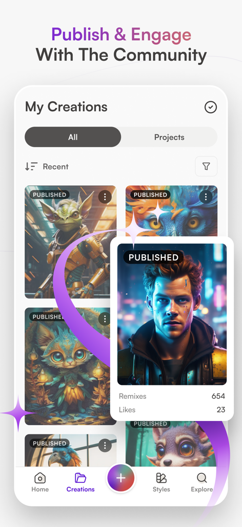 Interfaz de la app starryai que muestra una galería de arte generado por IA publicado con métricas de interacción comunitaria como likes y remezclas.
