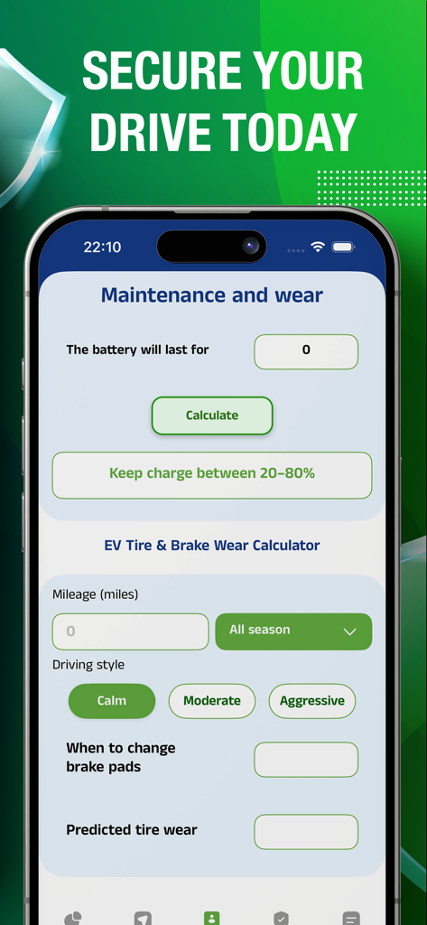 Auto Insurance App - Helsten - Interface of the Helsten app featuring an EV maintenance and wear calculator with fields for mileage and driving style