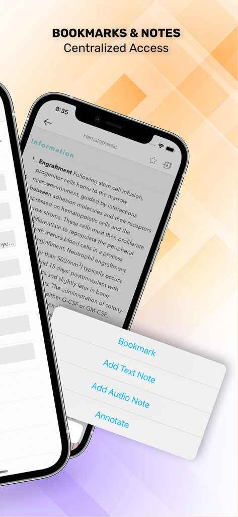 Washington Manual of Oncology - Smartphone screen showing the Washington Manual of Oncology app with bookmark and note options