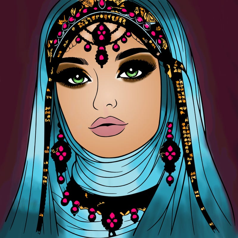realistic woman with a veil covering her hair and mouth, muslim. the veil contains details with jewels. she has beautiful jewelry.